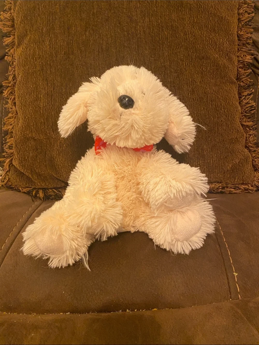 Plush Cream Dog Toy with Red Bow - Soft Pet Plush